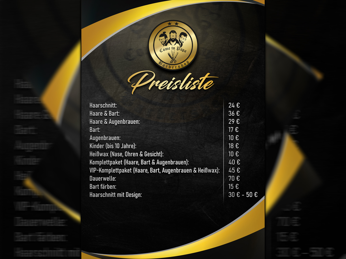 Come to Papa — Preislisten Flyer
